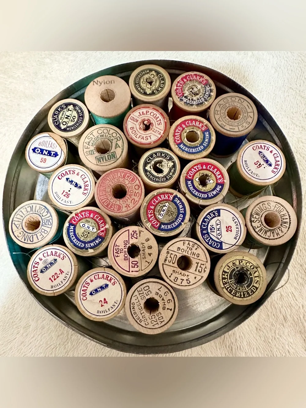 Vintage Rileys Toffee Tin Wooden Sewing Thread Spools Lot Halifax England Ship⁠